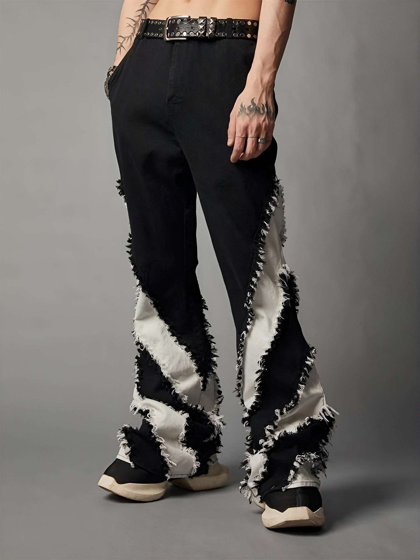 Black And White Pant Patchwork Slim Rough Edge Washed Men's Denim Pant - White stripes 2 - Men's Pants - Carvan Mart