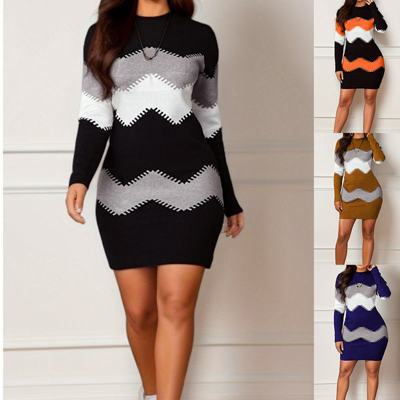 Mid-length Short Skirt Round Neck Long Sleeve Printed Knitted Sheath Dress - Carvan Mart