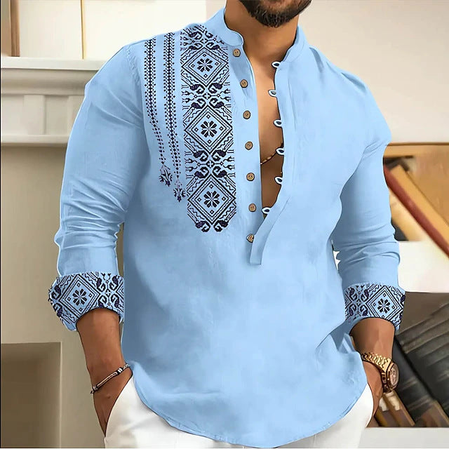 Men's Casual Shirt Long Sleeve Henry Collar Shirt - Sky Blue - Men's Shirts - Carvan Mart