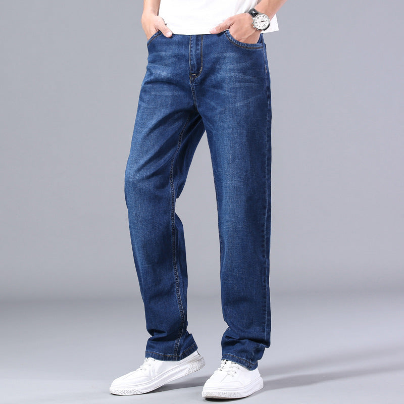 Men's Relaxed Fit Loose Straight Jeans - Comfortable Mid-Waist Cotton Pants - Dark Blue - Men's Jeans - Carvan Mart