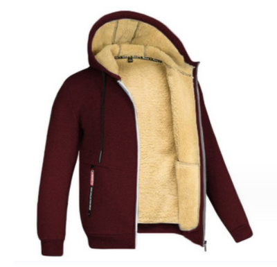 Men's Hooded Fleece Plus Thick Lamb Fleece Hoodie Cardigan Jumper Jacket - Wine Red - Men's Hoodies & Sweatshirts - Carvan Mart