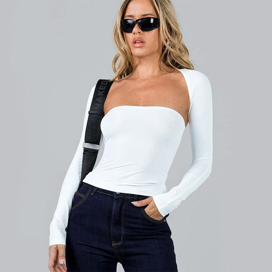 Tube Top Cinched Waist T-shirt Long Sleeve Tight Two-piece Blouse Women's Top