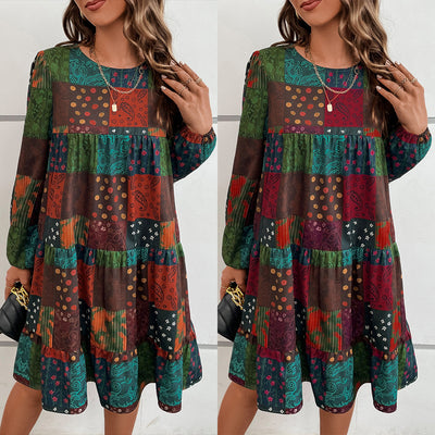 Women's Fashion Casual Round Neck Long Sleeve A- Line Printed Dress - Carvan Mart