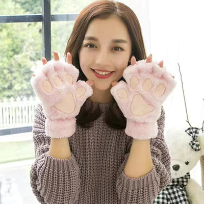 Plush Thickened Warm Plush Gloves Finger Cute Simple White Gloves - Half Finger Embroidered Pink - Women Gloves & Mittens - Carvan Mart