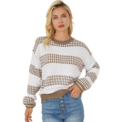 Women's Casual Loose Round Neck Contrast Knitwear Sweater - Carvan Mart