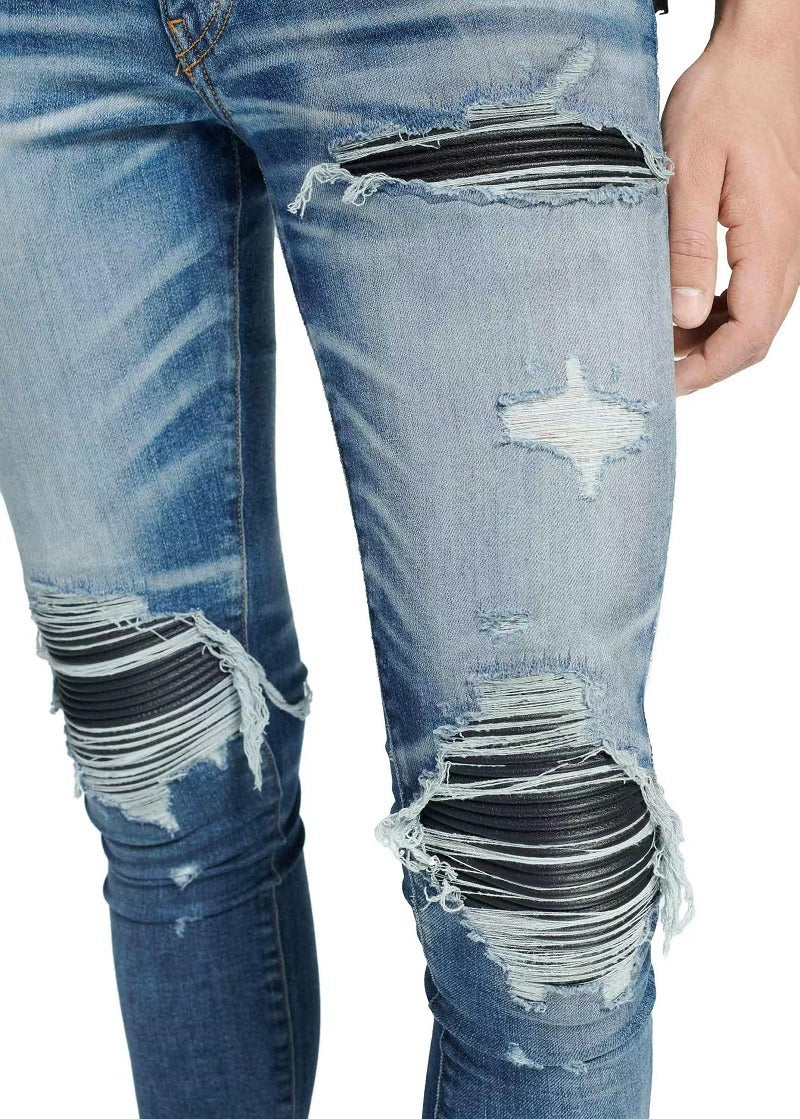 Patched Leather Pleats And Patchwork For Old Washed Light Colored Jeans For Men - Carvan Mart