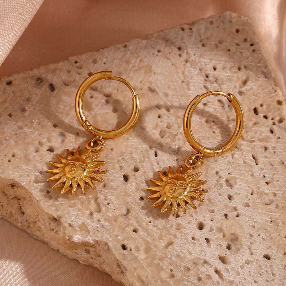 18K Gold Earrings Temperament Light Luxury Sun Element Trend Pendant Earrings Titanium Steel Plated - - Earrings - Carvan Mart