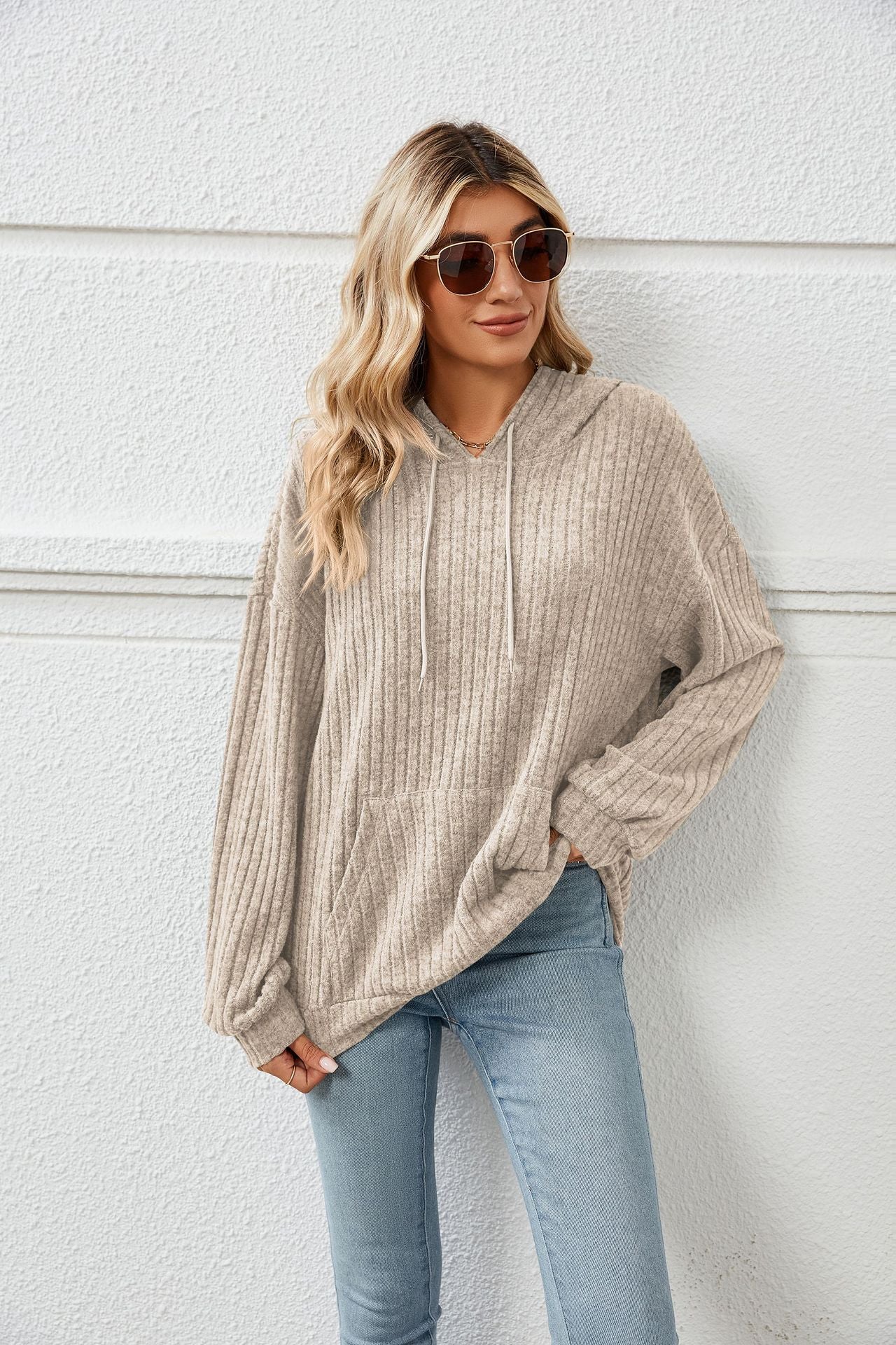 Knitted Sweater With Hooded Pit Stripe Kangaroo Pocket Sweater - Carvan Mart