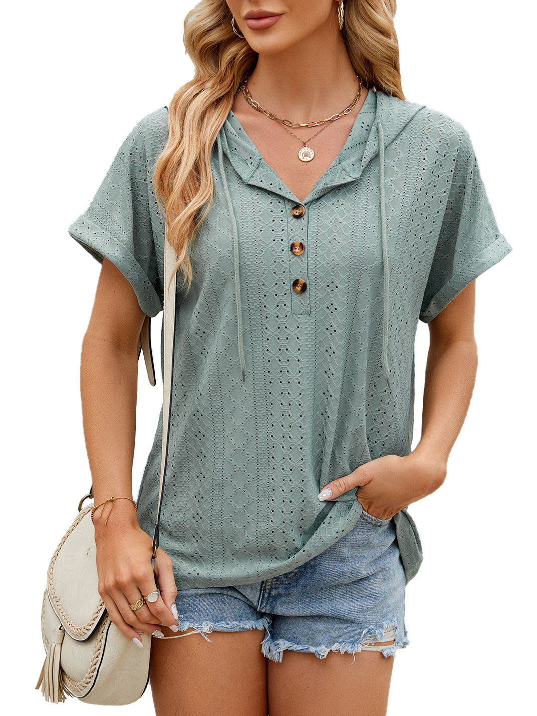 Women's T-shirt Loose Hollow Design Short-sleeve Top - Dark Green - Blouses & Shirts - Carvan Mart