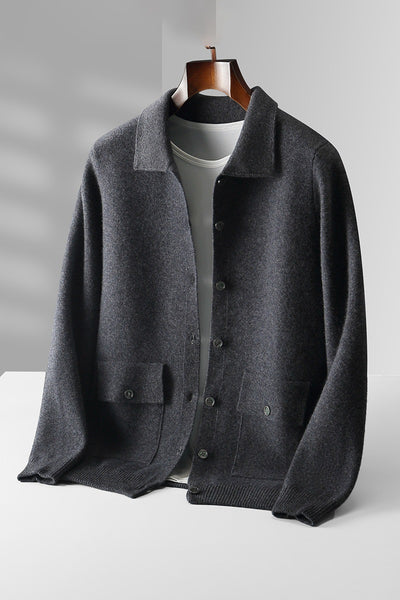 Men's Polo Collar Solid Color Wool Cardigan Autumn Winter Retro Pocket Thick Coat - Dark Gray - Men's Sweaters - Carvan Mart