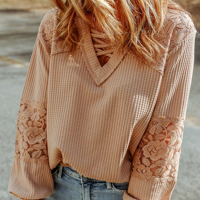 Women's Lace Waffle Long-sleeve Top - - Winter Tops - Carvan Mart