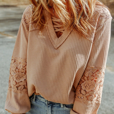 Women's Lace Waffle Long-sleeve Top - Carvan Mart