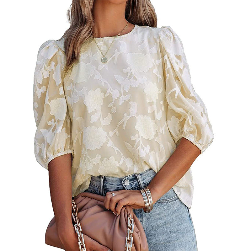 Women's Puff Sleeve Chiffon Loose Top Flower Texture Shirt - Light Apricot Colored - Tops & Tees - Carvan Mart