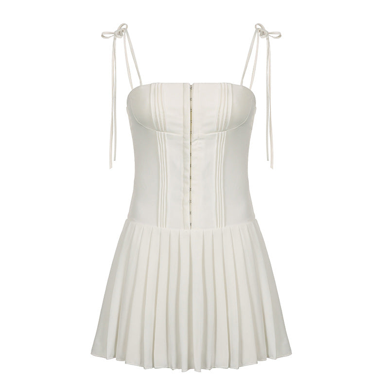 Coquette Dress Women's Versatile Casual Waist Pleated Mini White Dress - Carvan Mart