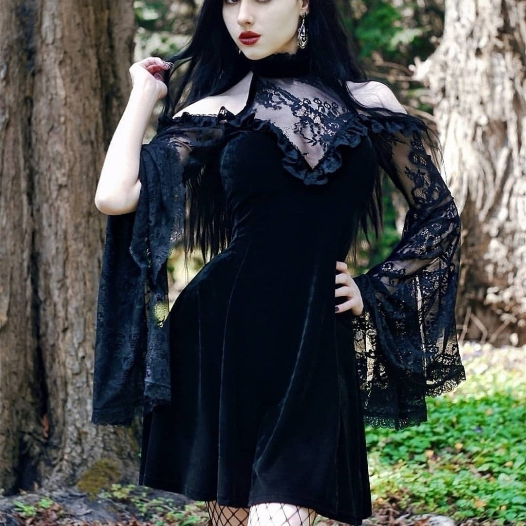 Lace Panels Gothic Milkmaid Dress - Black - Dresses - Carvan Mart