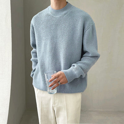 Drop Shoulder Loose Thick Needle Sunken Stripe Thick Sweater - Gray Blue - Men's Sweaters - Carvan Mart