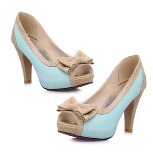 Women's Retro Party Sweet Shoes Lolita New Bow High Heels Dress Shoes - Blue - High Heels - Carvan Mart