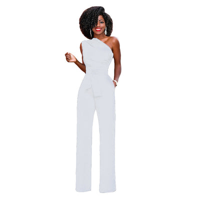 Sleeveless Calotte Jumpsuit Slant Collar Button up Jumpsuit - White - Jumpsuits & Rompers - Carvan Mart