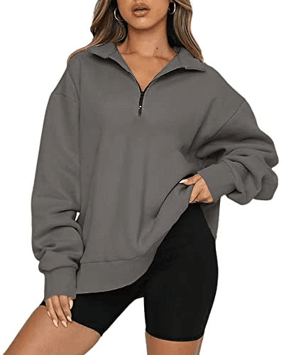 Women Sweatshirts Zip Turndown Collar Loose Casual Tops Clothes - Dark grey - Women Hoodies & Sweatshirts - Carvan Mart