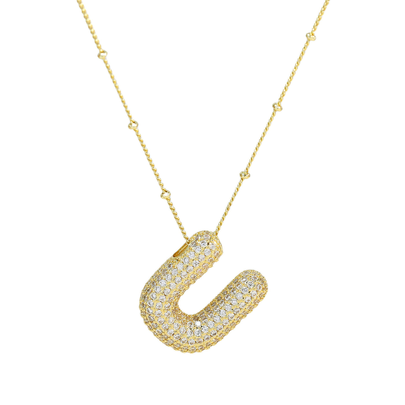 Brass Zircon Bubble Balloon Letter Pendant Necklace For Women - Gold U - Necklaces - Carvan Mart