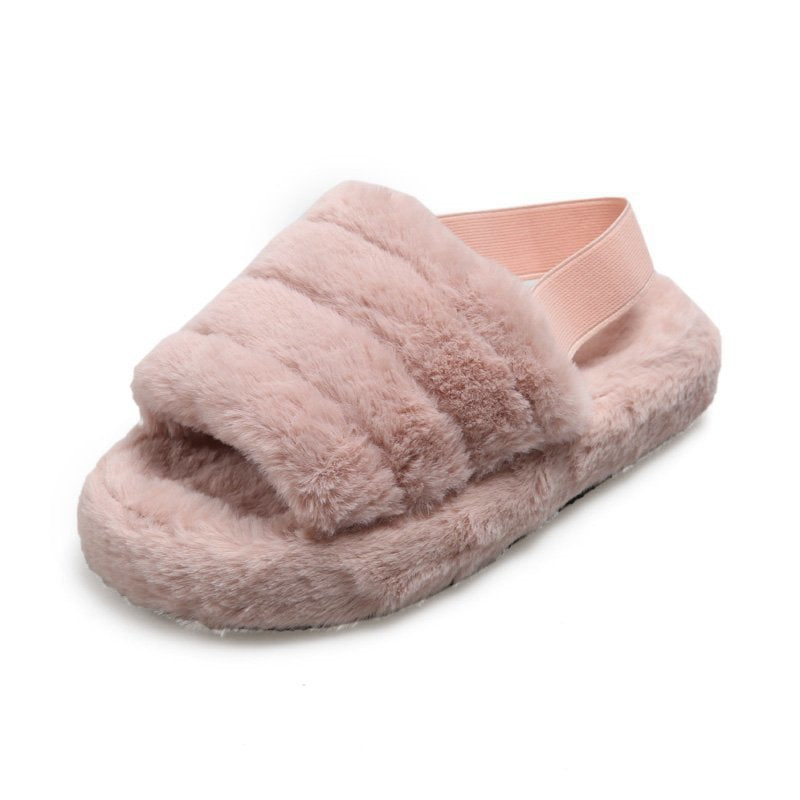 Women's Faux Fur Mule Slippers Wool Slippers Wedge Heel Warm Sandals - Pink - Women's Slippers - Carvan Mart