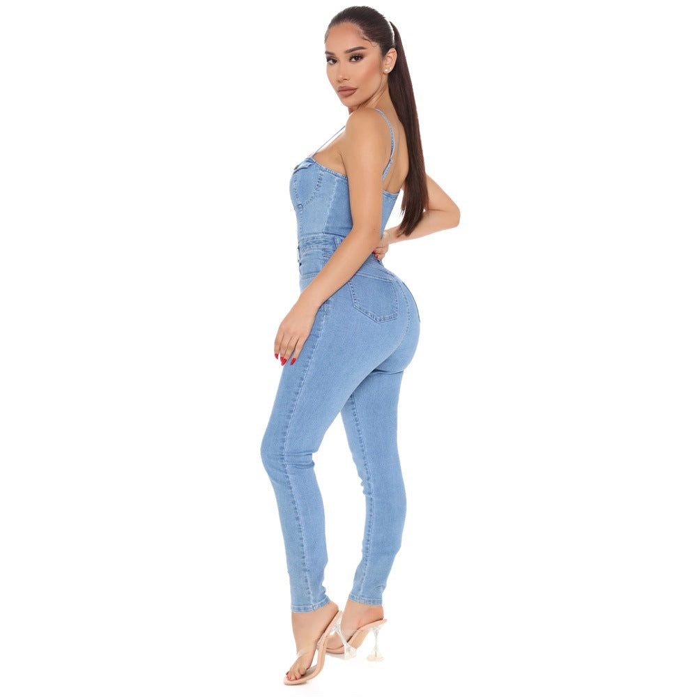 Stylish Denim Jumpsuit for Women - Trendy Button-Up Skinny Fit Romper - - Jumpsuits & Rompers - Carvan Mart