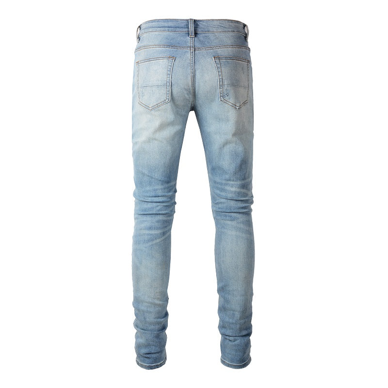 Cashew Flower Printed Patch Slim Fitting Light Colored Jeans For Men - Carvan Mart