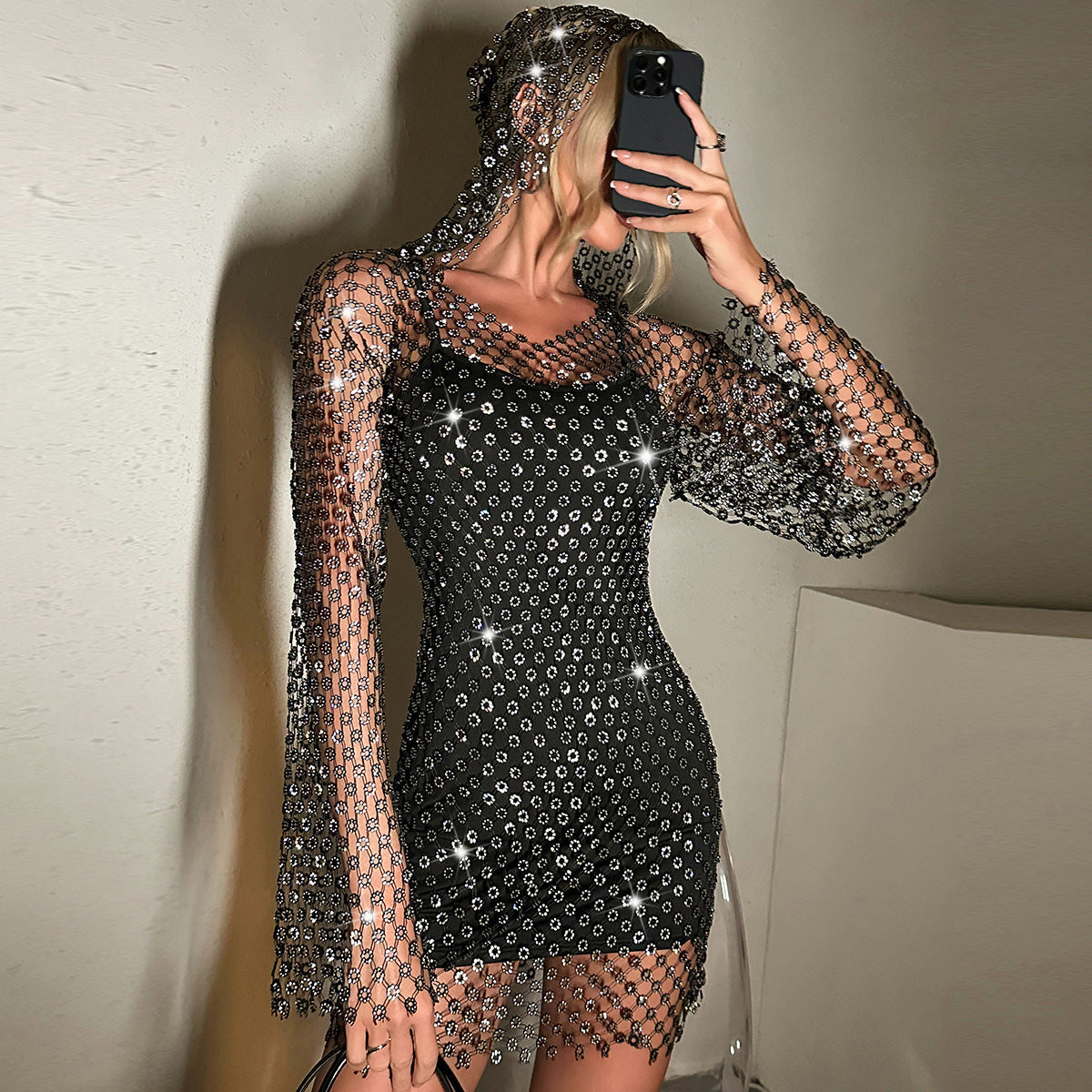 Women's Fishnet Rhinestone V-neck Hooded Dress - Sexy Hollow Out Long Sleeve Hip Skirt - - Evening Dresses - Carvan Mart