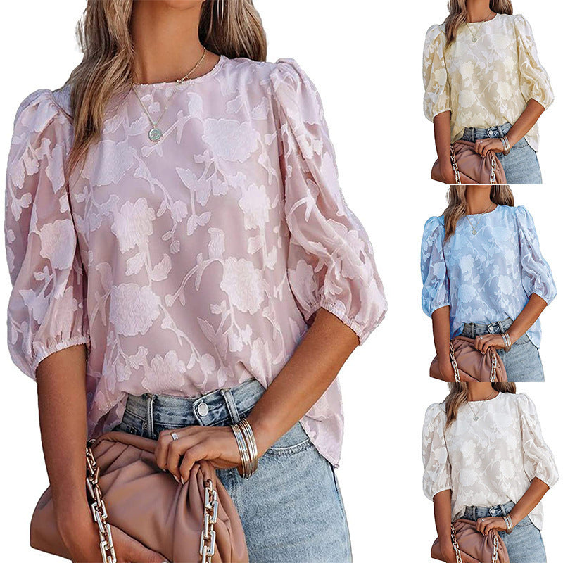 Women's Puff Sleeve Chiffon Loose Top Flower Texture Shirt - - Tops & Tees - Carvan Mart