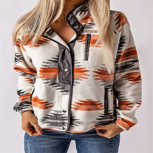 Winter Women's Printed Cardigan Jacket Fashion Color Contrast Fleece Coat - Carvan Mart