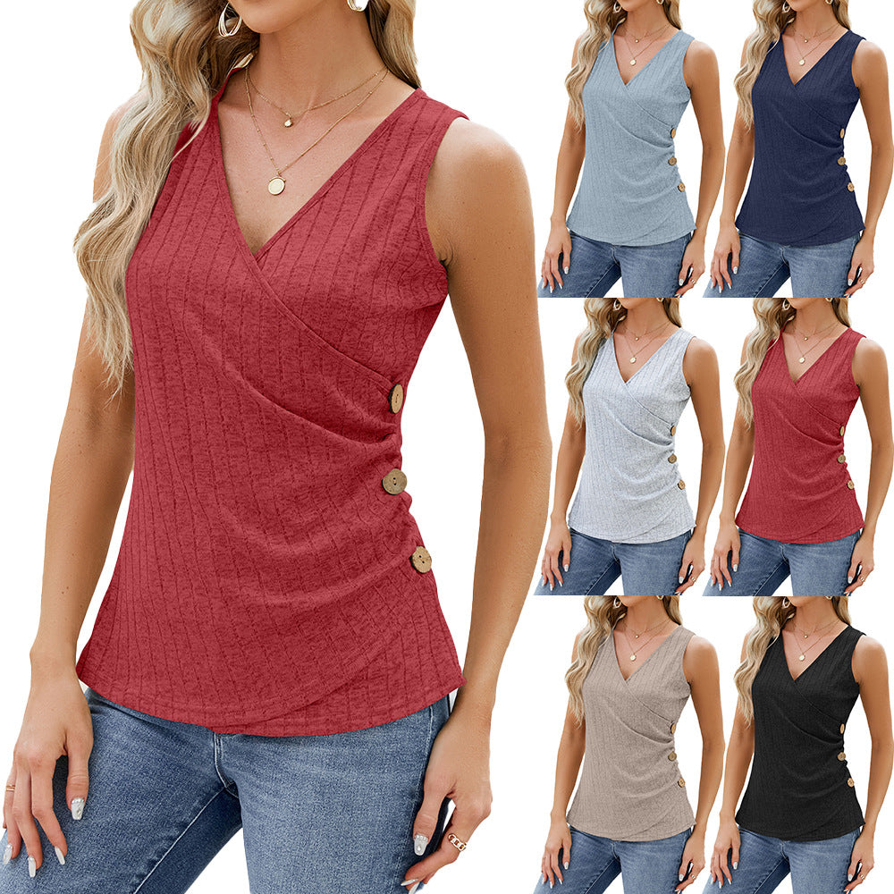 Fashion Vest With Button Design Women's Sleeveless V-neck T-shirt Tank Top - - Tops & Tees - Carvan Mart