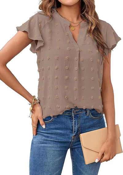 Women Summer V Neck Ruffle Short Sleeve Blouse Dot Flowy Shirt Top - Carvan Mart