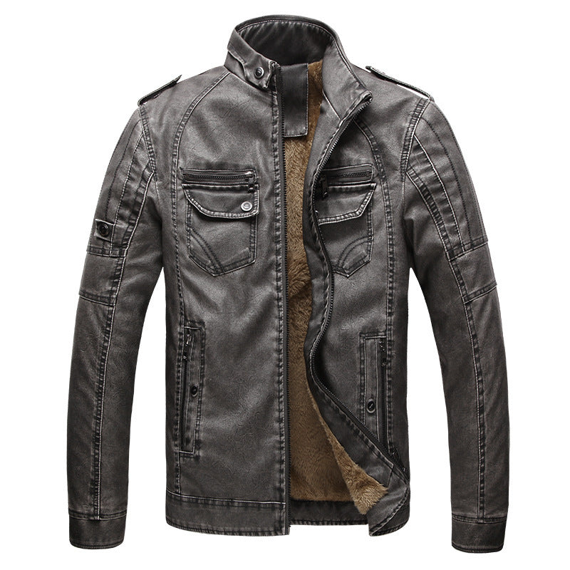 Leather Jacket Plus Velvet Washed Retro Leather Jacket - Carvan Mart