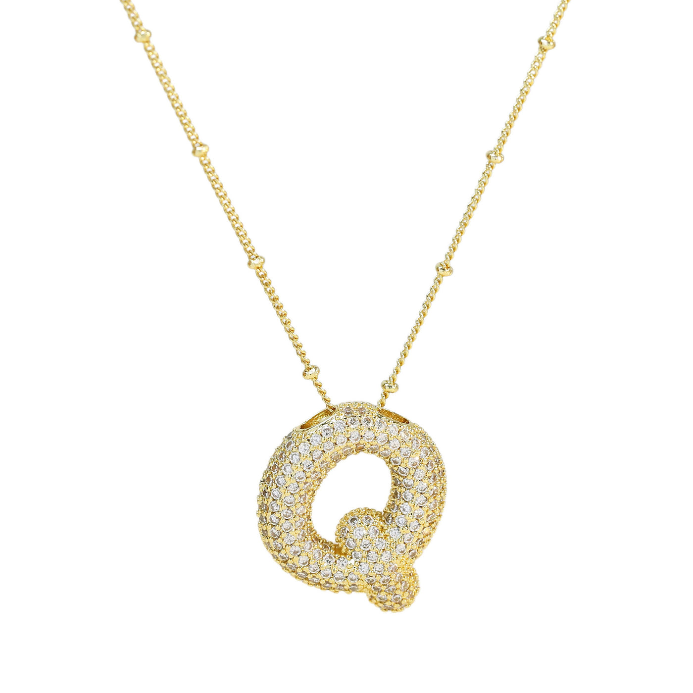 Brass Zircon Bubble Balloon Letter Pendant Necklace For Women - Gold Q - Necklaces - Carvan Mart