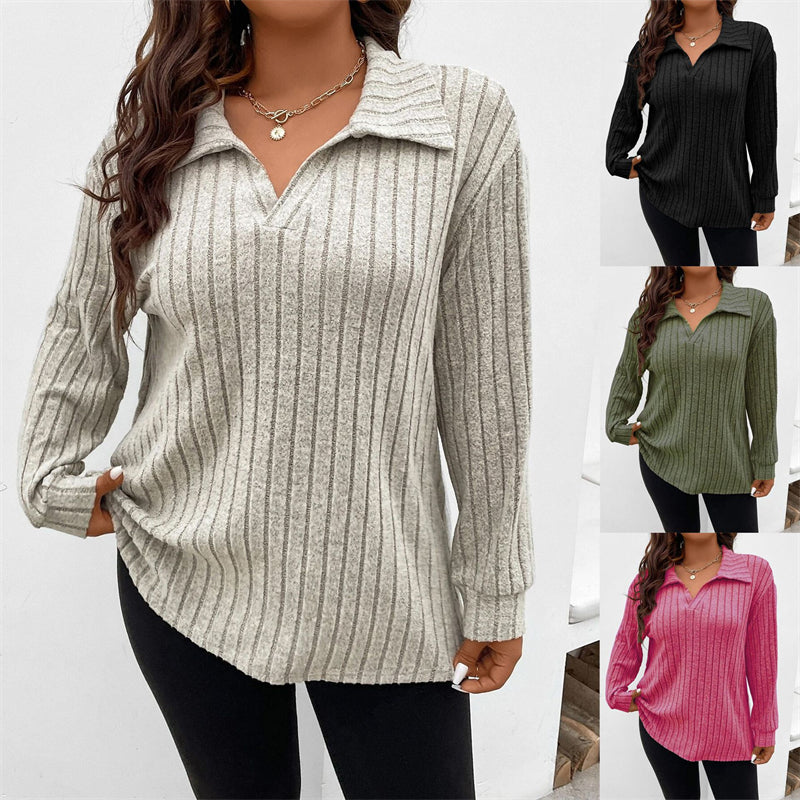 Stylish Women's Blouses Plus Size Top V-shaped Lapel Long Sleeve Sunken Stripe Brushed T-shirt - - Winter Tops - Carvan Mart