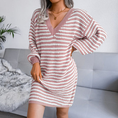 Ins Striped Sweater Dress V-neck Long Sleeve Dress Women - Pink - Winter Tops - Carvan Mart