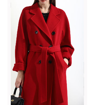 Women's Mid-length Woolen Coat - Red - Women's Coats & Jackets - Carvan Mart