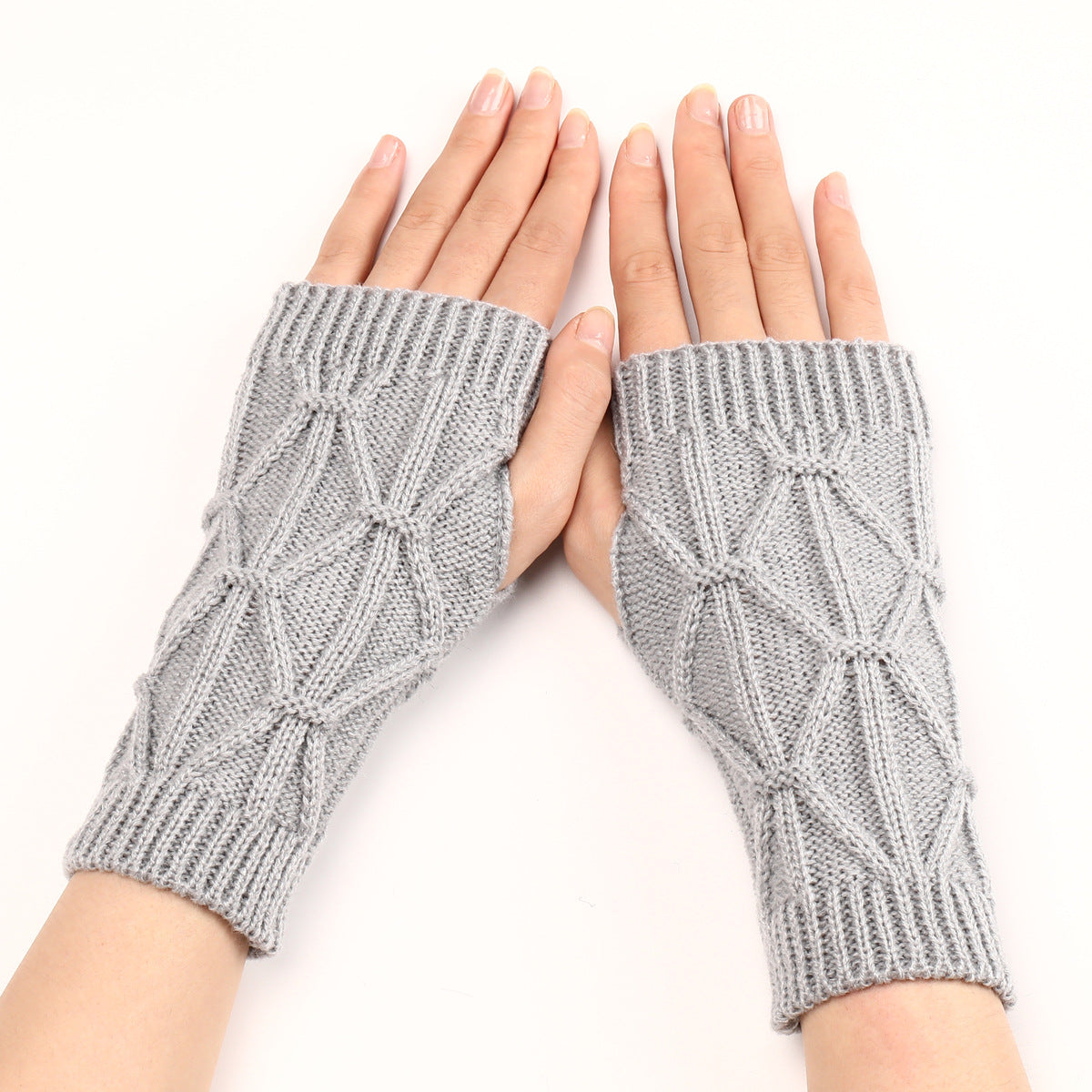 Rhombus Fashion Oversleeve Knitted Wool Keep Warm Half Finger Gloves - Light Gray Average Size - Women Gloves & Mittens - Carvan Mart