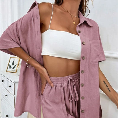 Solid Simple Two-piece Set, Elegant Short Sleeve Button Up Shirt & Drawstring Shorts Outfits, Women's Clothing - Pink - Suits & Sets - Carvan Mart
