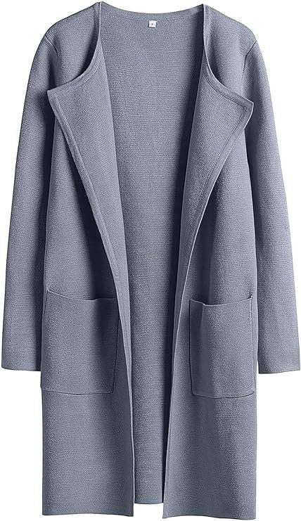 Women's Woolen Coat With Pockets Autumn And Winter Temperament Slim Fit Mid Length Jacket Comfortable Casual Lapel Coat - Blue - Women's Coats & Jackets - Carvan Mart