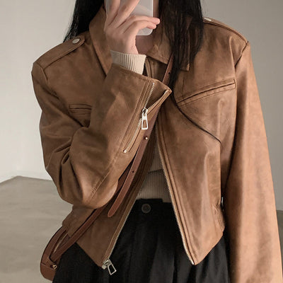 Classic Women's Leather Biker Jacket American Leather Coat - Brown - Leather & Suede - Carvan Mart