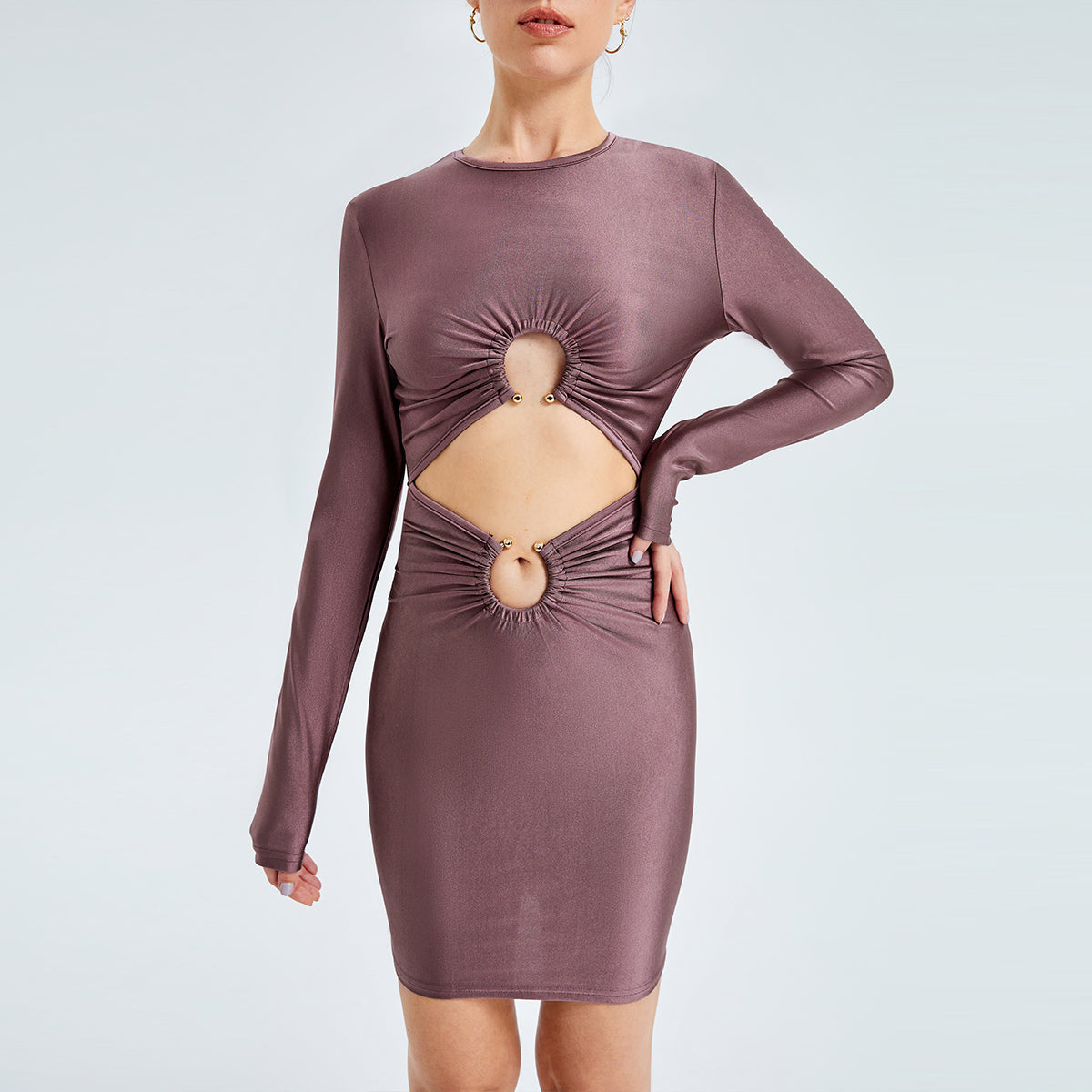 Sexy Cut Out Round Neck Long Sleeve Mini Dress - Carvan Mart