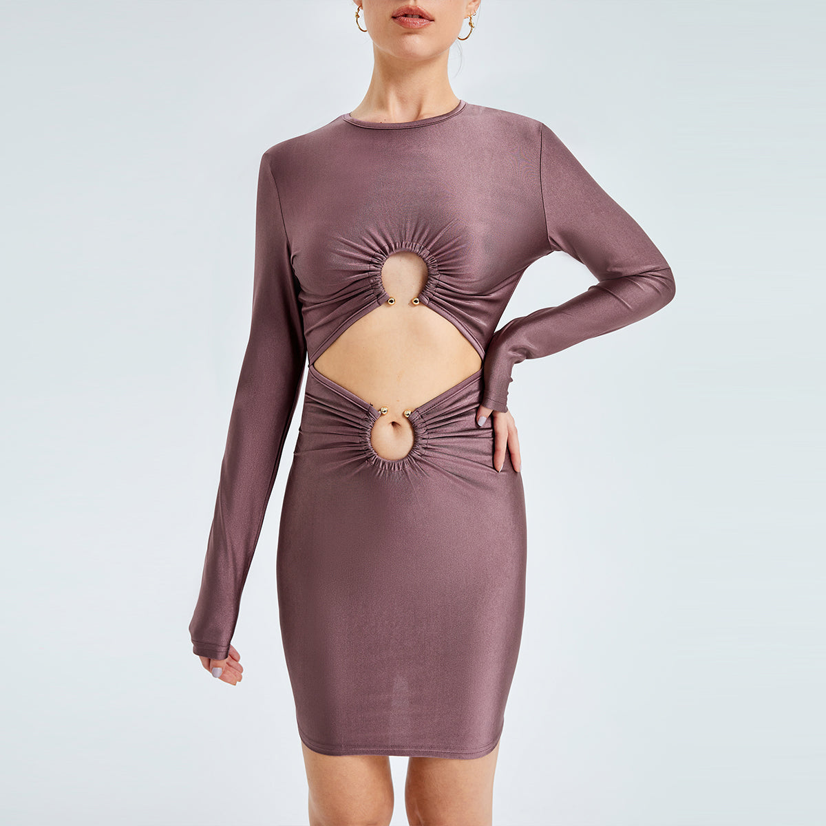 Sexy Cut Out Round Neck Long Sleeve Mini Dress - - Dresses - Carvan Mart