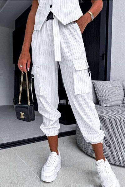 Women's Two Piece Suit Striped Sleeveless Vest Leisure Commute Cropped Pant Suit - - Suits & Sets - Carvan Mart