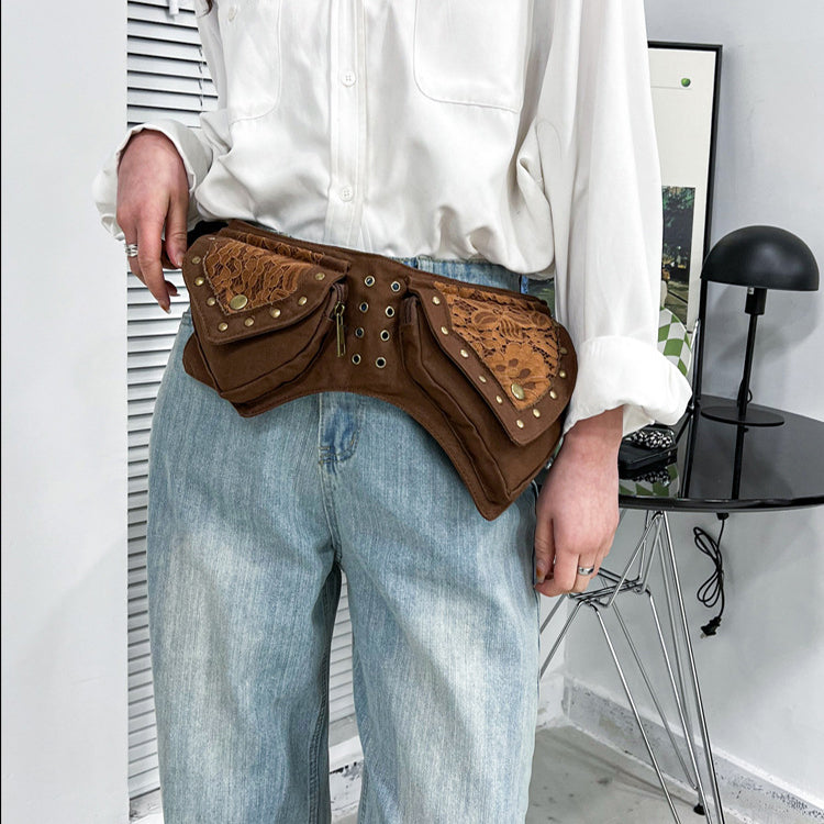 Vintage Belt Bag with Pockets - Studded Waist Bag for Women - - Shoulder Bags - Carvan Mart