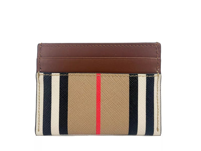 Burberry Sandon Tan Canvas Check Printed Leather Slim Card Case Wallet - Brown - - Burberry