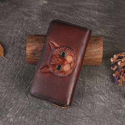 Genuine Leather Coin Purse Cat Embossed Multi-card-slot Card Holder Design Sense - Dark Brown - Women's Wallet - Carvan Mart