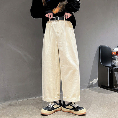Men's Simple Loose Straight Washed Cotton Trousers - Comfortable Low Waist Casual Pants - Offwhite - Men's Pants - Carvan Mart