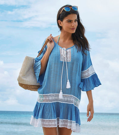 Tassel Tunic Lace Crochet Short Sleeve Beach Cover Up Dress - Carvan Mart