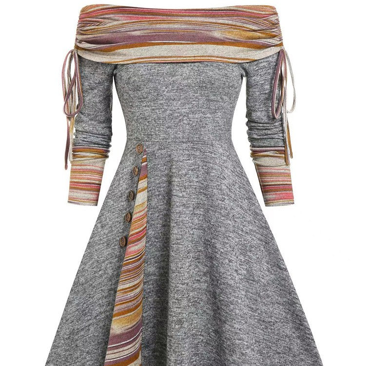 Women's Convertible Neck Cinched Striped Flare Waist Large Swing One Shoulder Long Sleeve Dress - Grey1 - Dresses - Carvan Mart